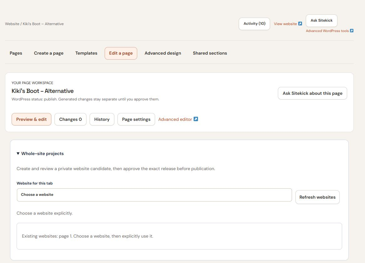 Expanded Whole-site projects controls with Website for this tab set to Choose a website and a Refresh websites button.