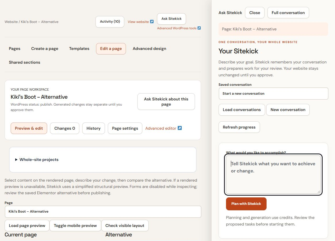 Your Sitekick side panel with the saved-conversation selector, Load conversations, New conversation and planning input beside the page workspace.