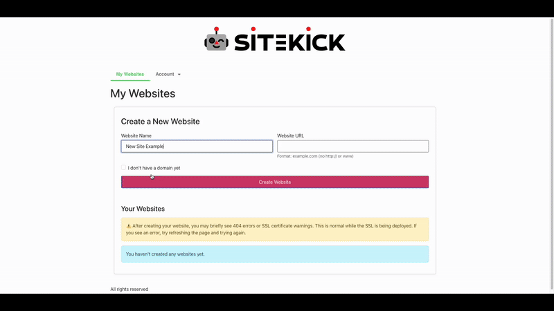 Screen recording of naming a new website and choosing its Sitekick address.