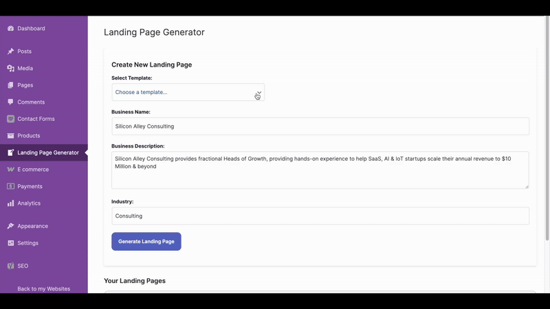 Original Sitekick recording of AI-assisted creation in the Site Editor.