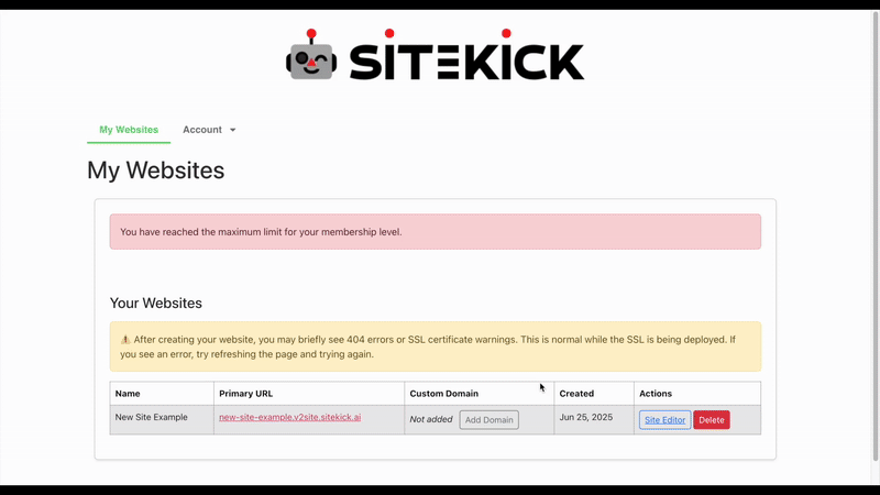 Screen recording of connecting a custom domain to a published website.